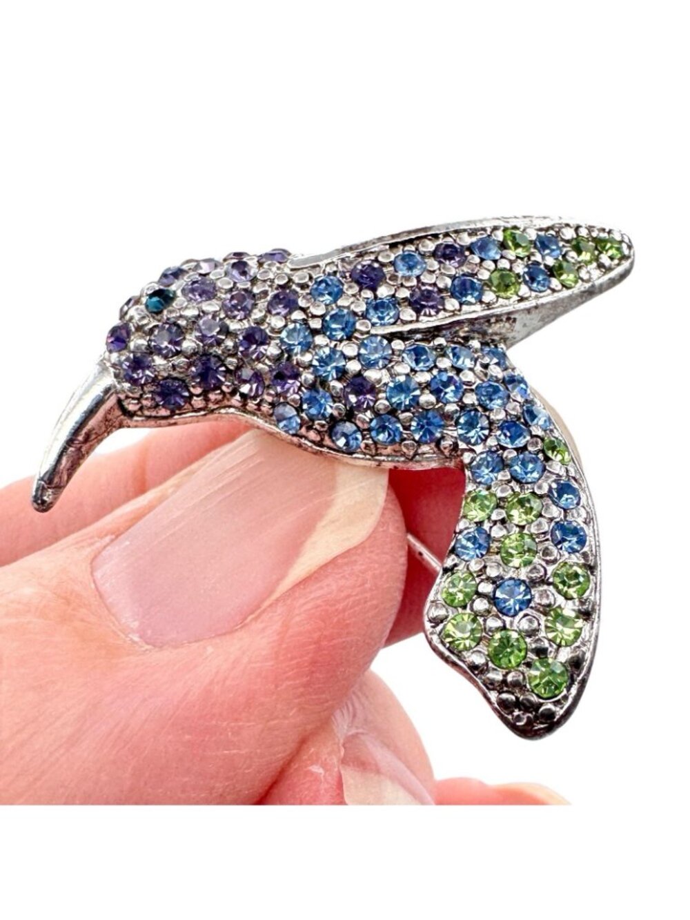 Monet Hummingbird Brooch Pin Silver Tone Pave Purple Blue Green Rhinestones 1" - Picture 5 of 16